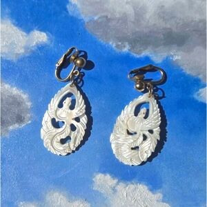 Intricate Carved Mother of Pearl Phoenix Bird Clip On Earrings 12k Gold Fill